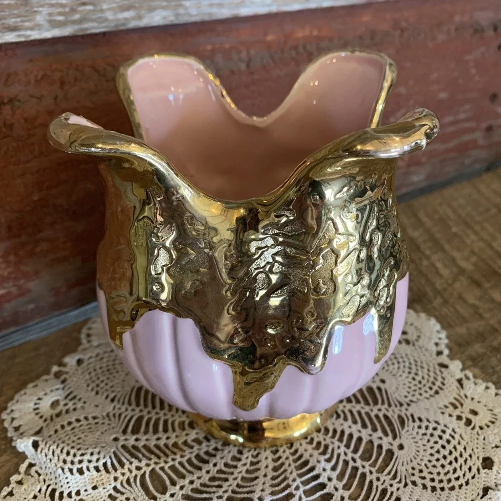 Hollywood Regency Vase MCM Dripping 22K Gold Pink Made in USA stamped  READ - Picture 6 of 12